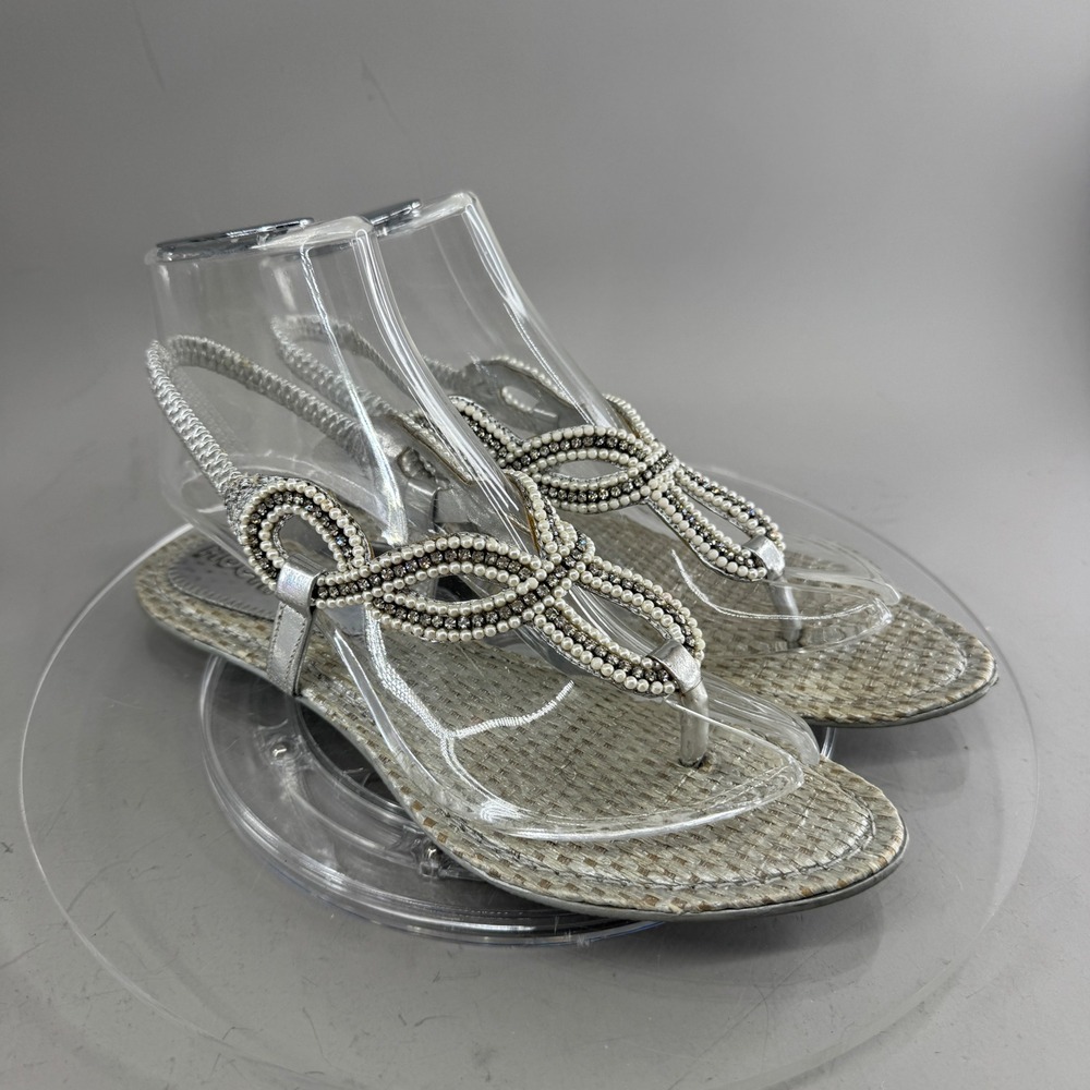 Mochi Womens Metallic Silver Beaded Rhinestone Slingback Thong Sandals Size 38